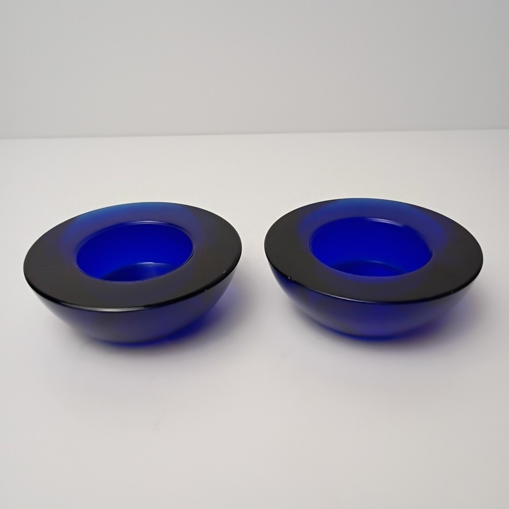 Set of 2 Bodum Heavy Round Cobalt Blue Glass Tealight Candle Holder